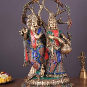 Radha Krishna Under Kadamba Tree | 21" Superfine Brass Sculpture | Intricate Stonework | 18 kg Divine Charm | Elegant Spiritual Decor | Jaipurio Masterpiece